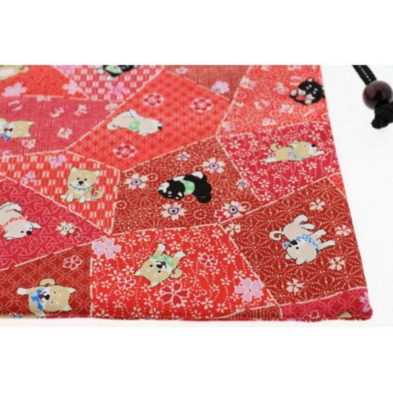 日本 匠佑 日本製 可愛柴犬櫻花拼貼 紅色 便攜索繩袋【市集世界 - 日本市集】