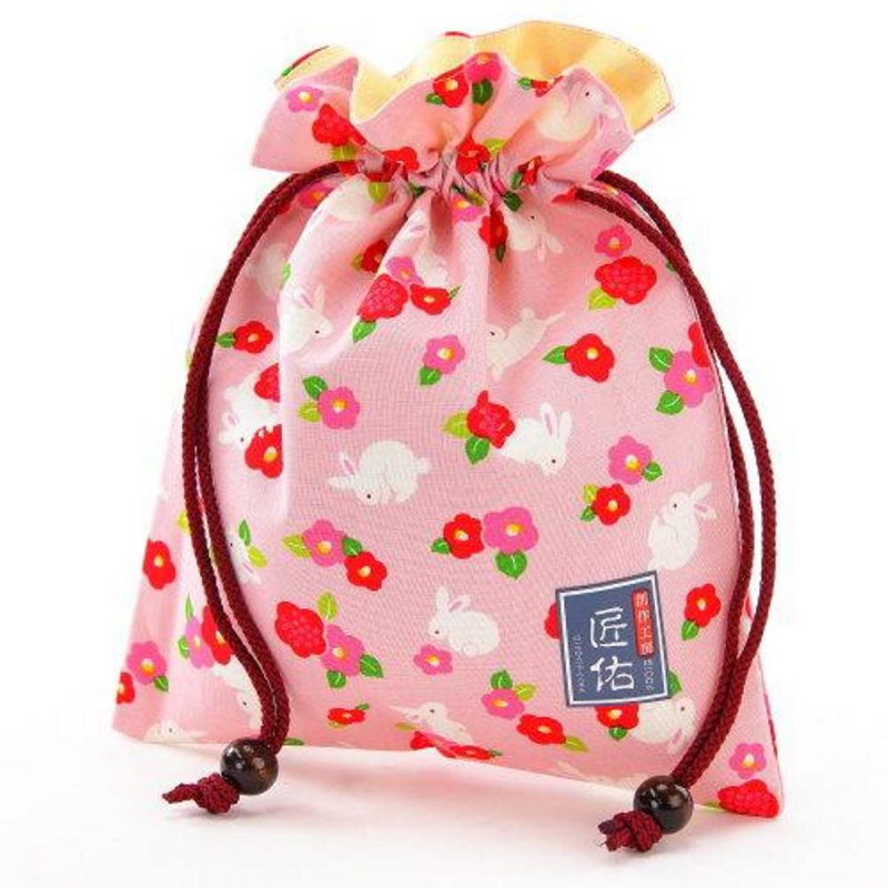 日本 匠佑 日本製 兔仔山茶花 粉紅色 便攜索繩袋【市集世界 - 日本市集】