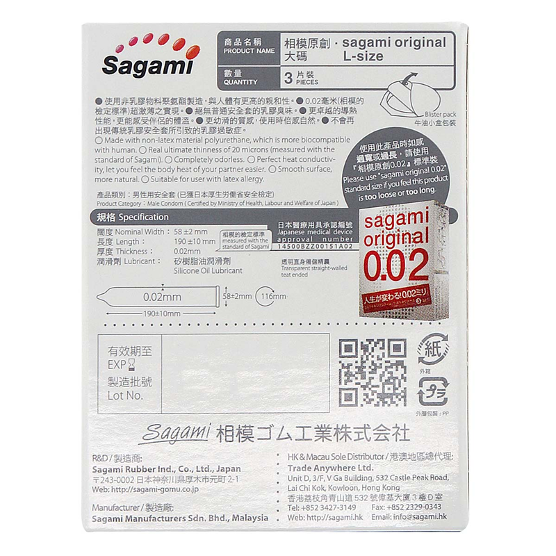 Sagami 相模原創 0.02 大碼 (第二代) 58mm 3 片裝 PU 安全套