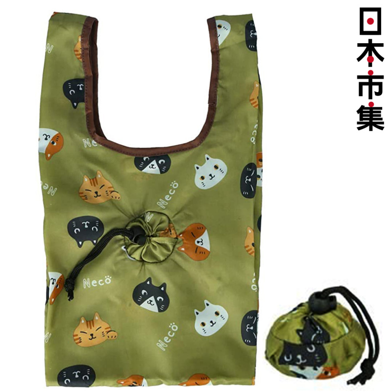 日本 貓雜貨 Aplus 貓咪頭圖案 綠色 變身環保購物袋 (170)【市集世界 - 日本市集】