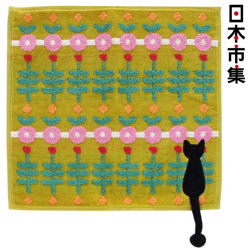 日本 貓雜貨 Atsuko Matano 黑貓尾巴花花 綠色 小方巾 (441)【市集世界 - 日本市集】