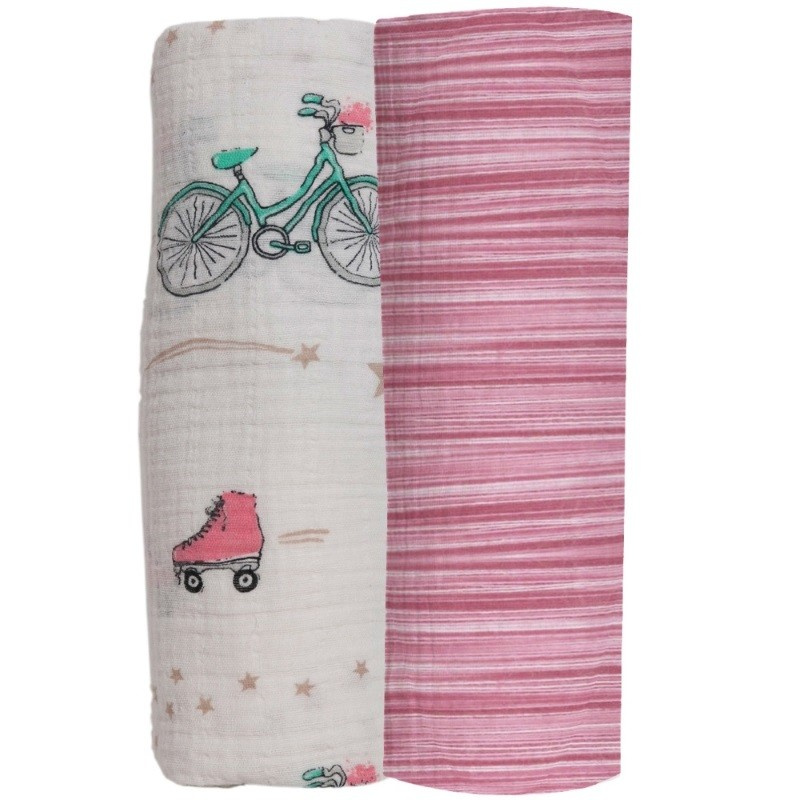 MOMEASY: PURE COTTON SWADDLING BLANKET, 2-PACK, BICYCLE & SKATE/PINK