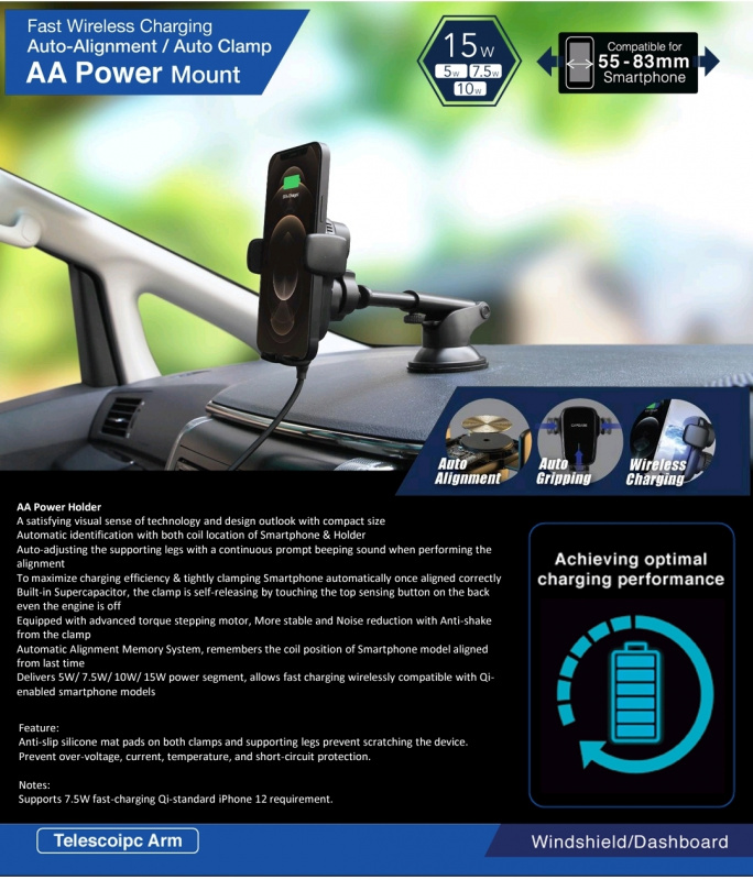 Capdase AA Power Fast Wireless Car Charging Auto Mount Telescopic Arm HR00-AAT01