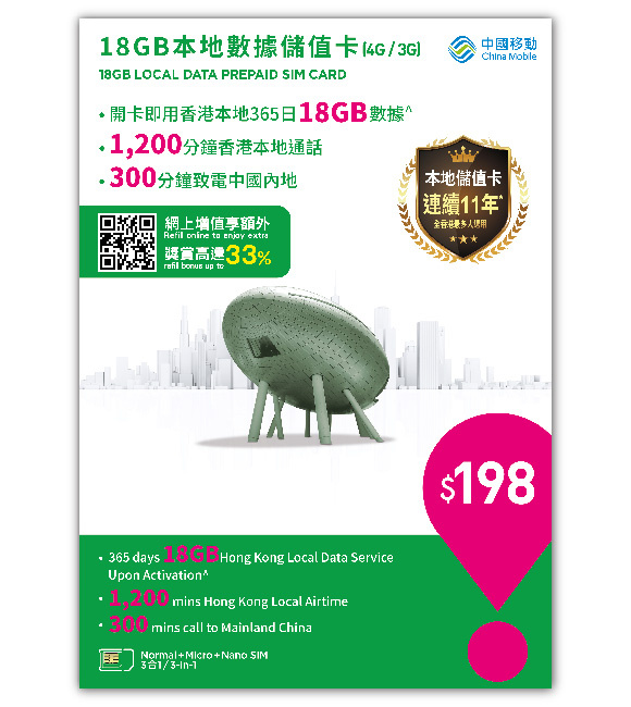 4G/3G 18GB 本地365日數據儲值卡 SIM Card 【中國移動香港/CMHK】