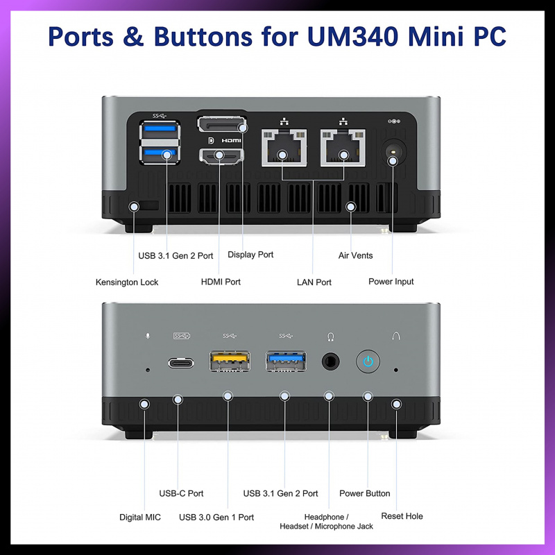Minisforum UM340 Mini PC 迷你電腦(AMD 3450U/8GB RAM/256GB SSD/包原裝正版Windows 10 PRO)