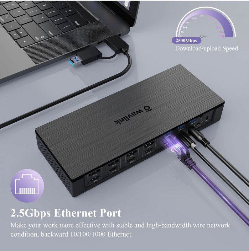 WAVLINK 20 合 1 &nbsp;擴充座 USB C 或 USB A 10G 通用四核 4K QV4K 擴充基座,100W 電源供應/DC 充電,適用於 MacBook 和 Windows 筆記型電腦、4 HDMI、4 DP、SD 4.0 讀卡器、2.5Gbps 乙太網路