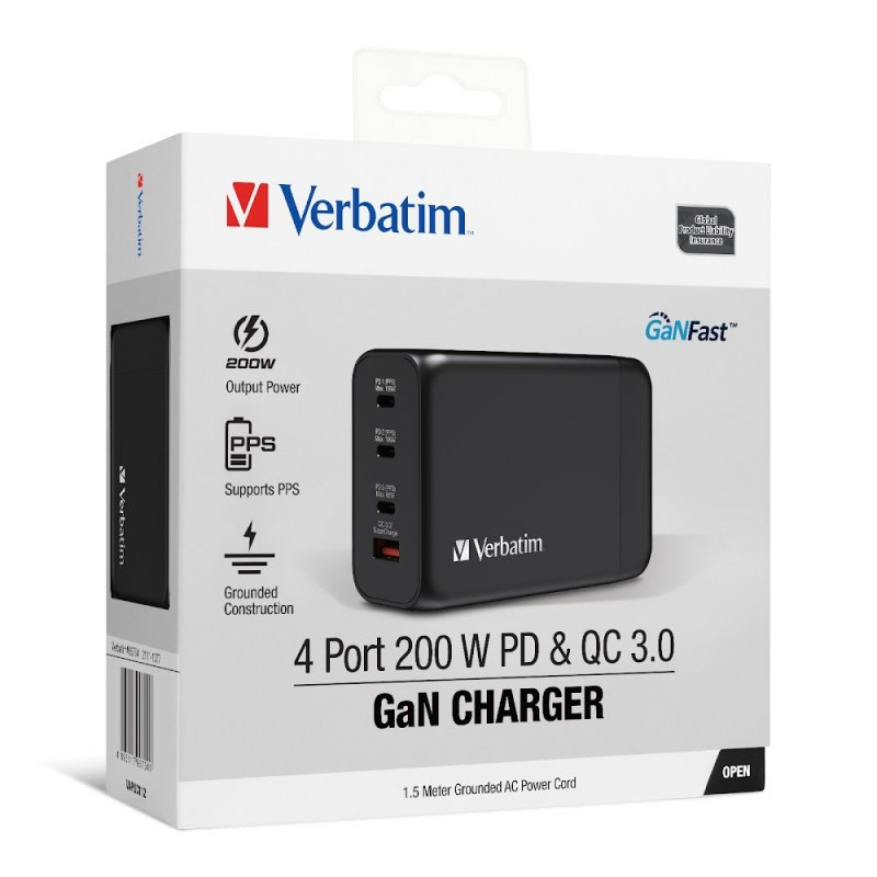 Verbatim 4 Port GAN PD3.0 200W 3 PD & 1 QC3.0 USB桌上充電器 (66704)