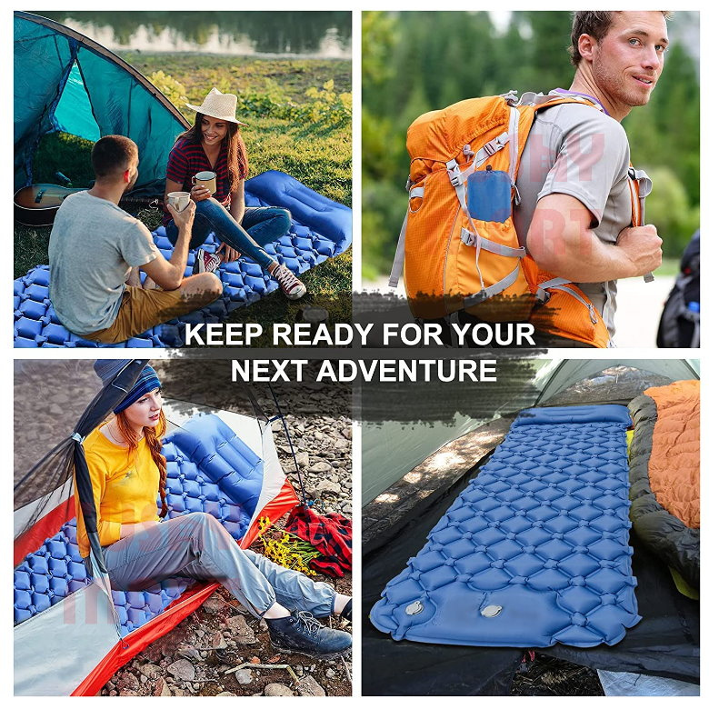 優柔百貨 - 露營睡墊，帶枕頭的超輕壓腳充氣氣墊，耐用防水輕巧露營墊睡墊，適合背包、遠足、旅行、戶外旅行 (藍色)