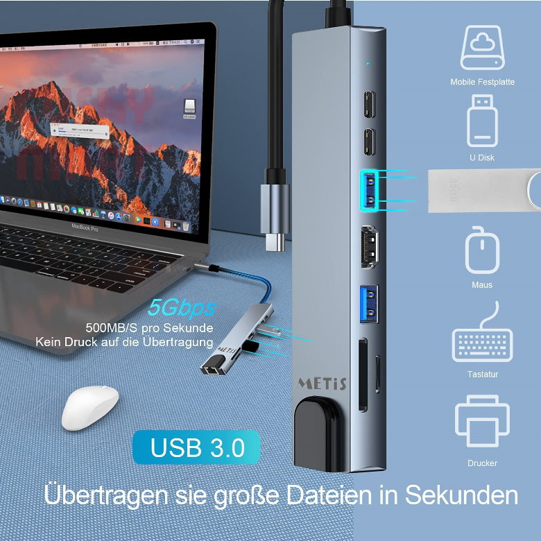 METIS - 便攜式 USB-C 8合1多功能擴展器(Type-C to HDMI/TF /SD /USB3.0 /USB-C /PD /LAN)