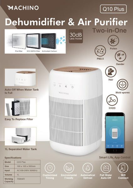 [ 香港行貨 一年保養 ]Machino Q10 Plus 迷你 2合1 智能空氣淨化抽濕機