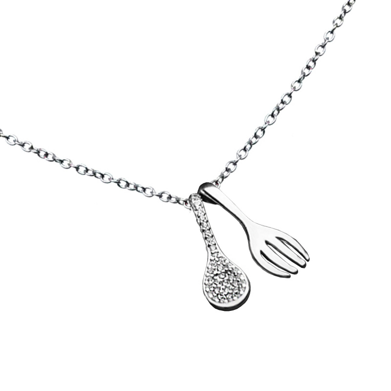 湯匙與叉子- 925純銀鑲鑲白鋯石吊墜連鏈