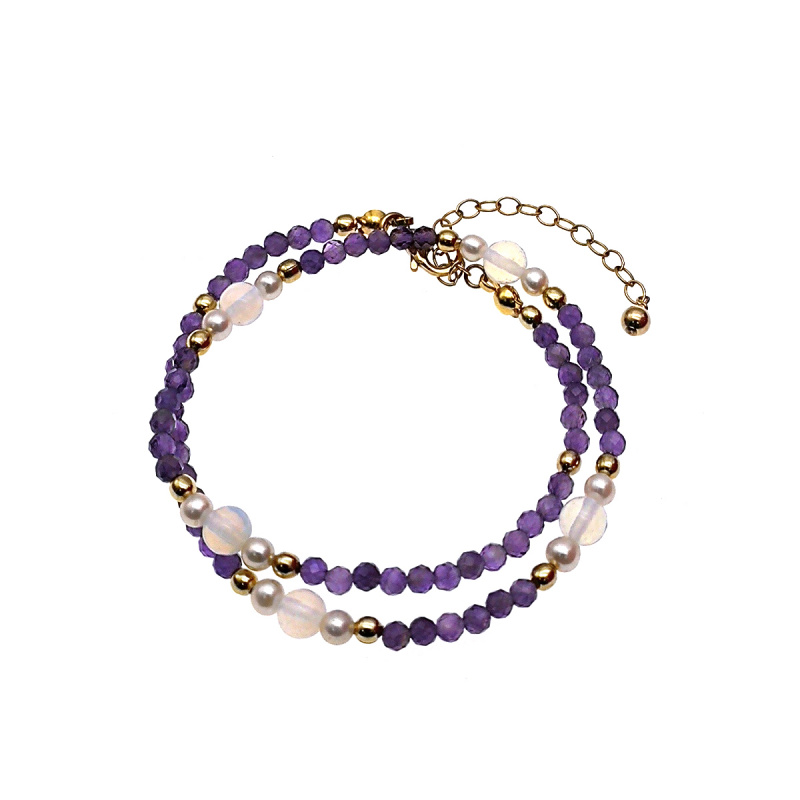 紫藤- 美國14K包金(1/20)配紫水晶及淡水珍珠雙圈手鏈