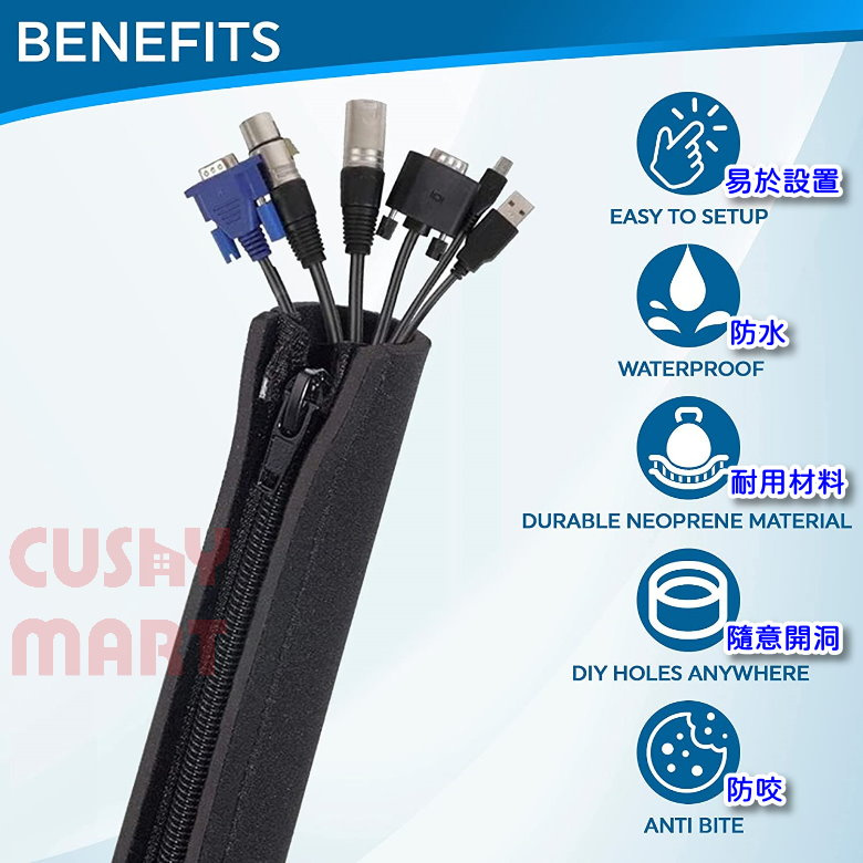 AGERU - 電線/充電線收納套管 - 附帶拉鍊和塑料扣的電線整理器 (保護套x4pcs+紮帶x10pcs 套裝)