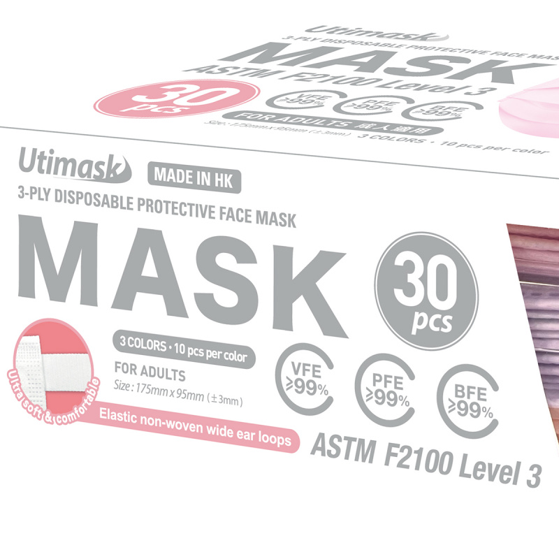 香港製造 Utimask 不織布闊耳帶淺粉紅 淺紫 桃色 3層成人口罩 30個【市集世界】