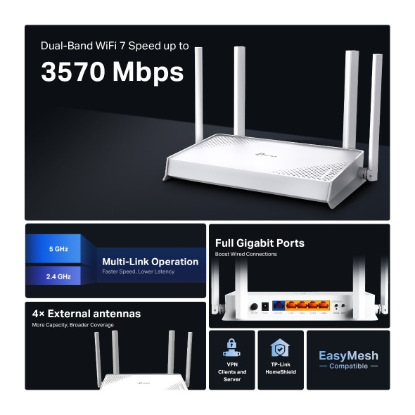 TP-Link Archer BE220W BE3600 雙頻 Wi-Fi 7 路由器 (支援1G光纖寬頻) TP-Link Archer BE220W BE3600 雙頻 Wi-Fi 7 路由器 (支援1G光纖寬頻)