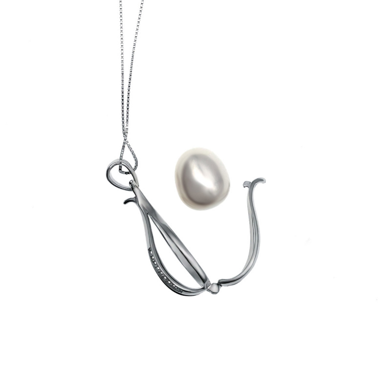 Cage- 淡水珍珠配925純銀鑲白鋯石吊墜連頸鏈(珍珠可取出)