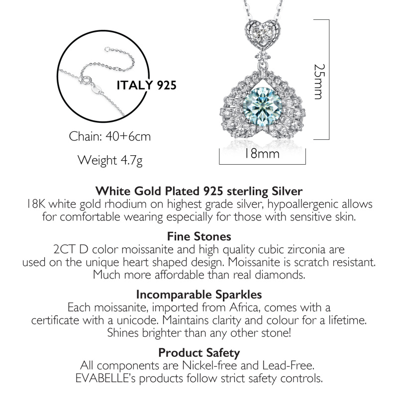 EVABELLE - 2卡 藍莫桑石925純銀電鍍18K白金心型頸鍊