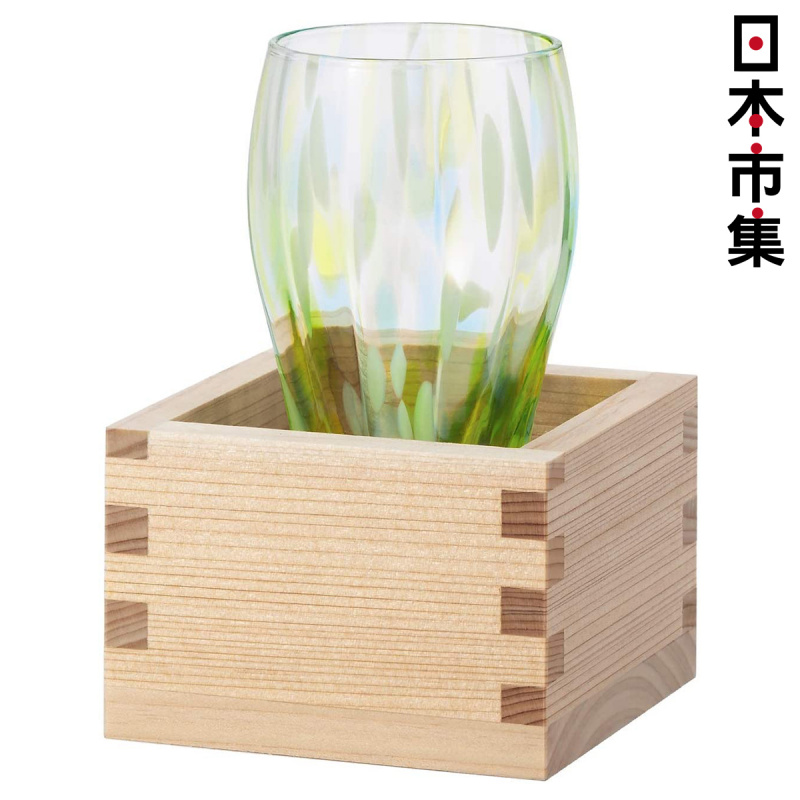 日本 北洋硝子 津輕玻璃 枡酒風之香 若草 綠色 日本製 玻璃杯連木器枡酒杯禮盒套裝 (645)【市集世界 - 日本市集】