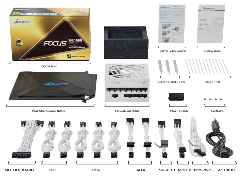 SEASONIC FOCUS GX1000 1000W 80PLUS GOLD [PCI-E 5.0 ATX3.0] ( BLACK / WHITE )