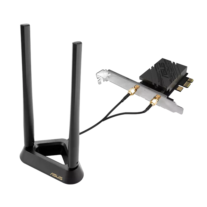 ASUS PCE-BE92BT BE9400 WiFi 7 PCI-E Adapter with 2 external antennas and magnetized base ASUS PCE-BE92BT BE9400 WiFi 7 PCI-E Adapter with 2 external antennas and magnetized base