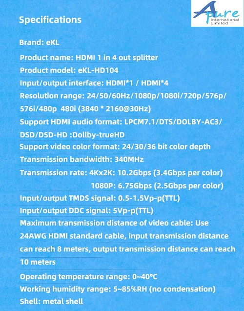 eKL-HD104 ( 1入4 出 4K HDMI 2.0 Ver 分配器 )