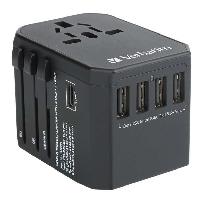 Verbatim - 5 Ports 旅行充電器 [4 x USB+1 x Type-C] [2色]