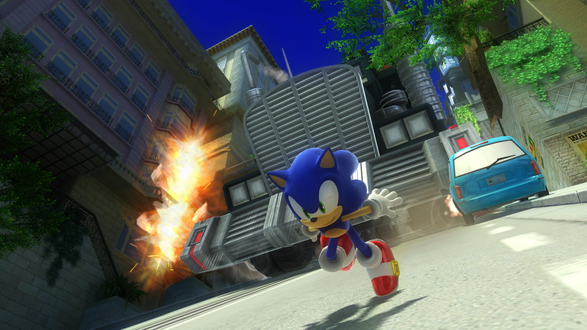 Sonic races down a steep city street, barely outpacing a huge truck that roars down the decline behind him.