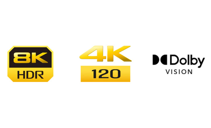 8K HDR、4K 120 及 Dolby Vision 標誌