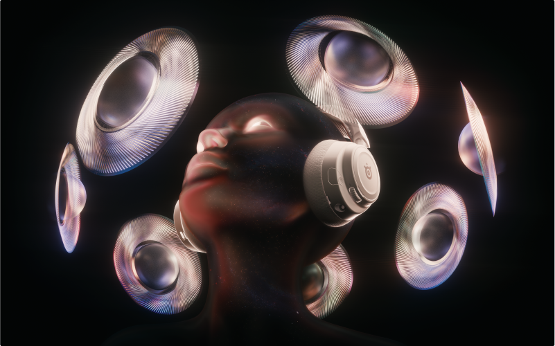 A mannequin-looking figure wearing a white Arctis Nova 7P headset with abstract orbs hovering around them to illustrate spatial audio.