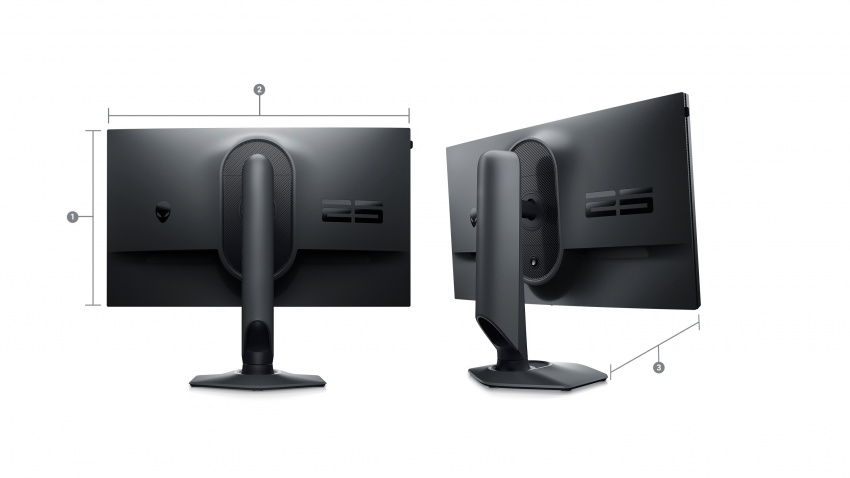 兩台 Dell AW2523HF 遊戲專用顯示器的圖片，數字 1 至 3 標示了產品尺寸與重量。