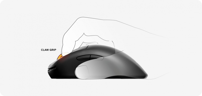 Illustration of a hand using the Prime Mini Wireless mouse with a claw grip.