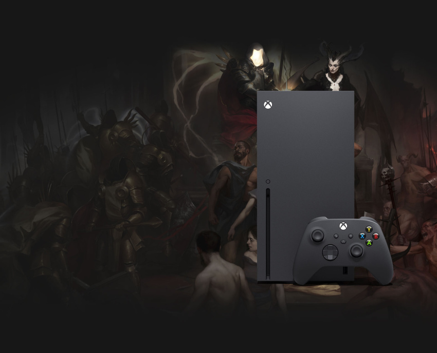 Xbox Series X 與背景裡的《暗黑破壞神》角色。