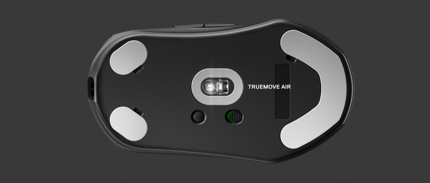 滑鼠底部圖,標籤標示出感應器。右側文字:TrueMove Pro。