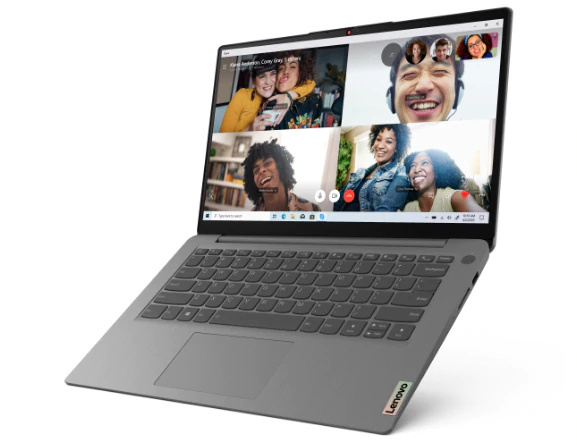 Ideapad 3 14inch Hero Front Tilted Arctic Grey lid opened wide screen on