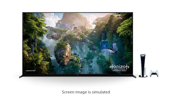 PlayStation®5 主機與控制器以及 BRAVIA XR™ 電視上展示著 Horizon Forbidden West 的遊戲場景