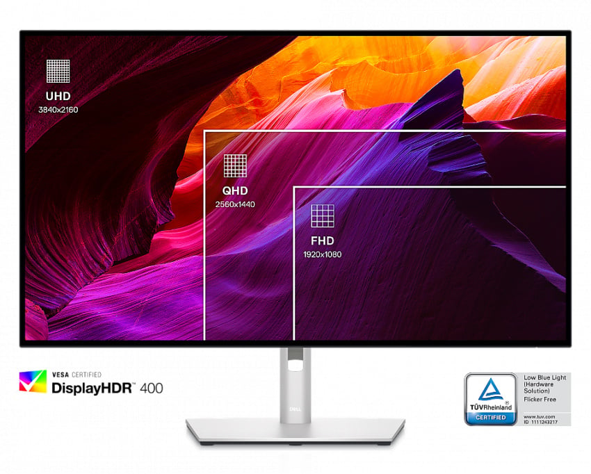 Dell U3223QE 顯示器的圖片，呈現繽紛背景，並以白色矩形分隔畫面，顯示器解析度各異。