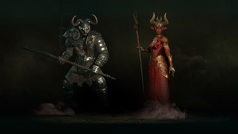 《暗黑破壞神》中的兩個角色展示著盔甲和矛。