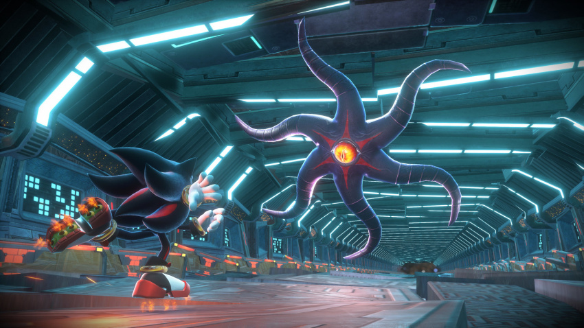 Shadow races through a corridor lit by horizontal strip lights along its ceiling. In front of him floats Doom’s Eye, a multi-tentacled creature with a glowing eye in its middle.