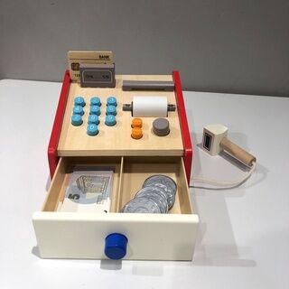 木製仿真收銀機收賬台兒童點鈔數錢幣過家家玩具 Wooden simulation cash register cash register children's money counting coins play house toys