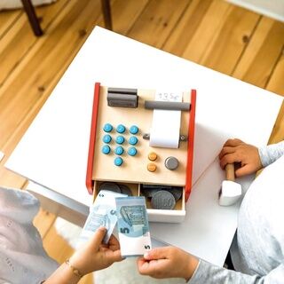 木製仿真收銀機收賬台兒童點鈔數錢幣過家家玩具 Wooden simulation cash register cash register children's money counting coins play house toys