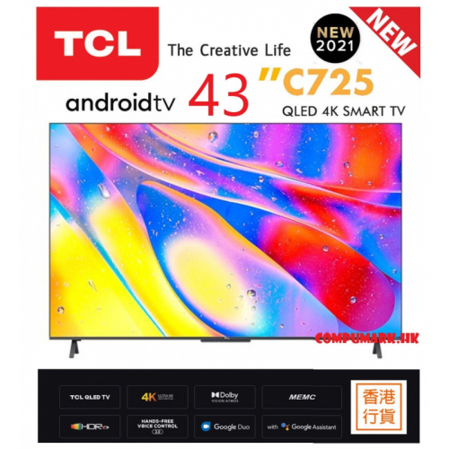 TCL 43 QLED 量子點 4K ANDROID 電視 [43C725]