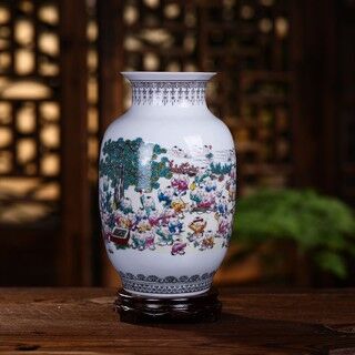 景德鎮中式陶瓷花瓶仿古瓷器家居擺件客廳工藝品百子圖花器裝飾品 Jingdezhen Chinese-style ceramic vase antique porcelain home decoration living room handicraft Baizitu flower decoration