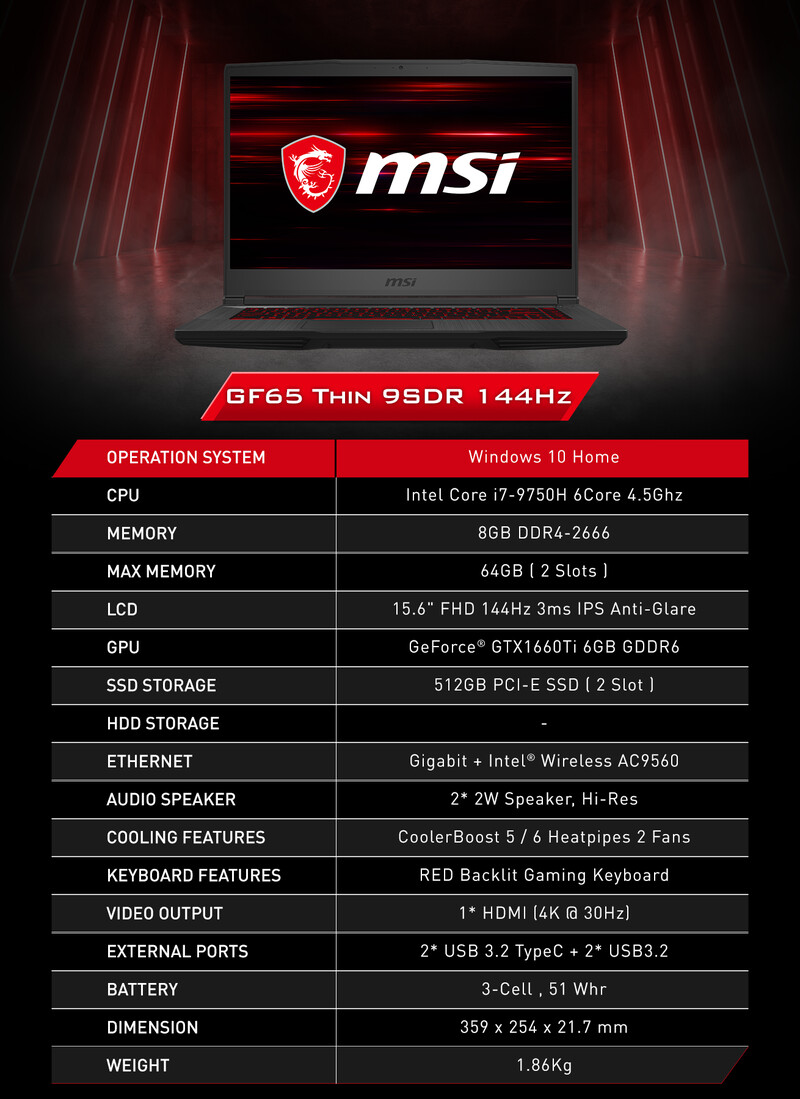msi gf65 thin 9sdr 15.6"战斗堡垒电竞手提电脑