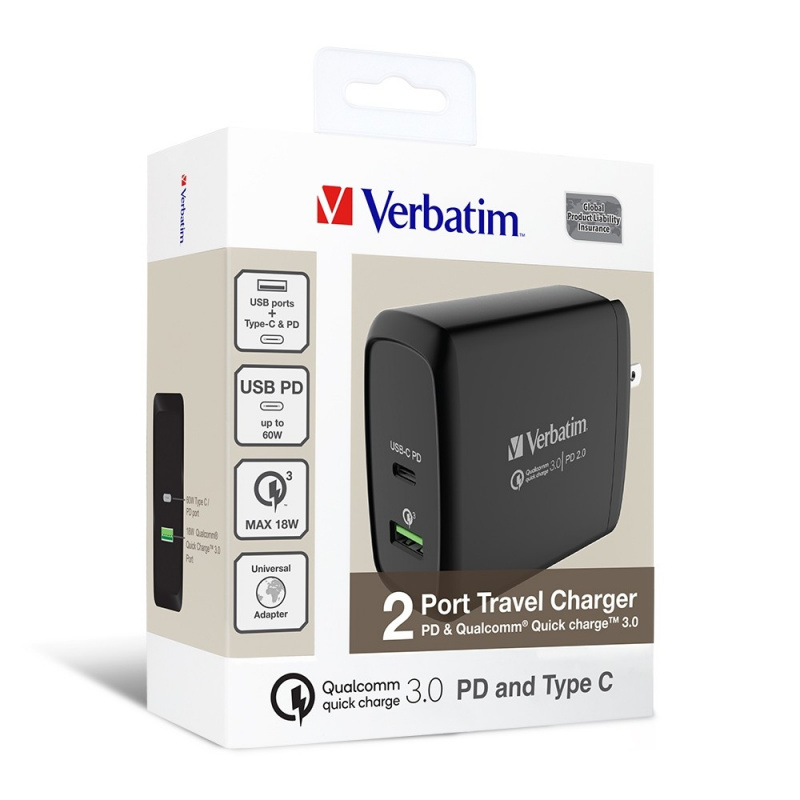 Verbatim - 2 Ports旅行充電器 PD & QC3.0