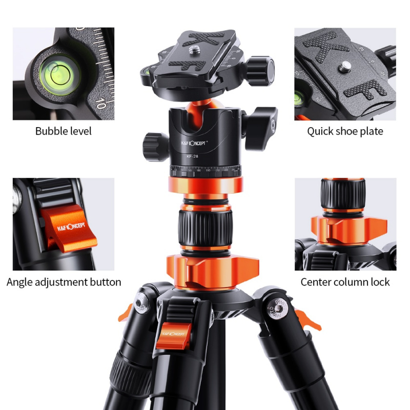 攝影脚架K&F 概念相機三腳架適用於 DSLR 鋁製旅行 Vlog 三腳架獨腳架，帶 360 度全景球頭，最大承重 10 公斤