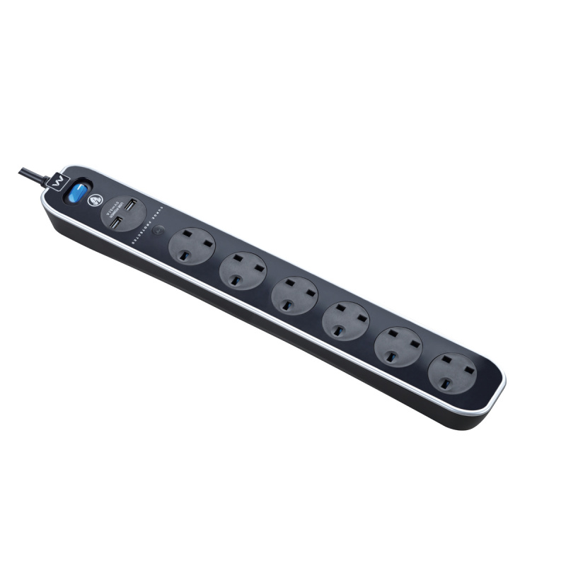 英國Masterplug - 2位 USB 3.1A 及 6位X13A 防雷拖板 有電源開關 線長2米 亮麗黑色 USB智能充電 SRGLSU62PB Surge 2M High gloss finish Switched Extension lead - Gloss Black