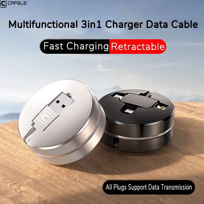 手機充電線Cafele Retractable USB Cable for iPhone 11 Pro Max X Xs Xr 3 in 1 USB C Cable Micro Fast Charging Charger Wire For Xiaomi Huawei