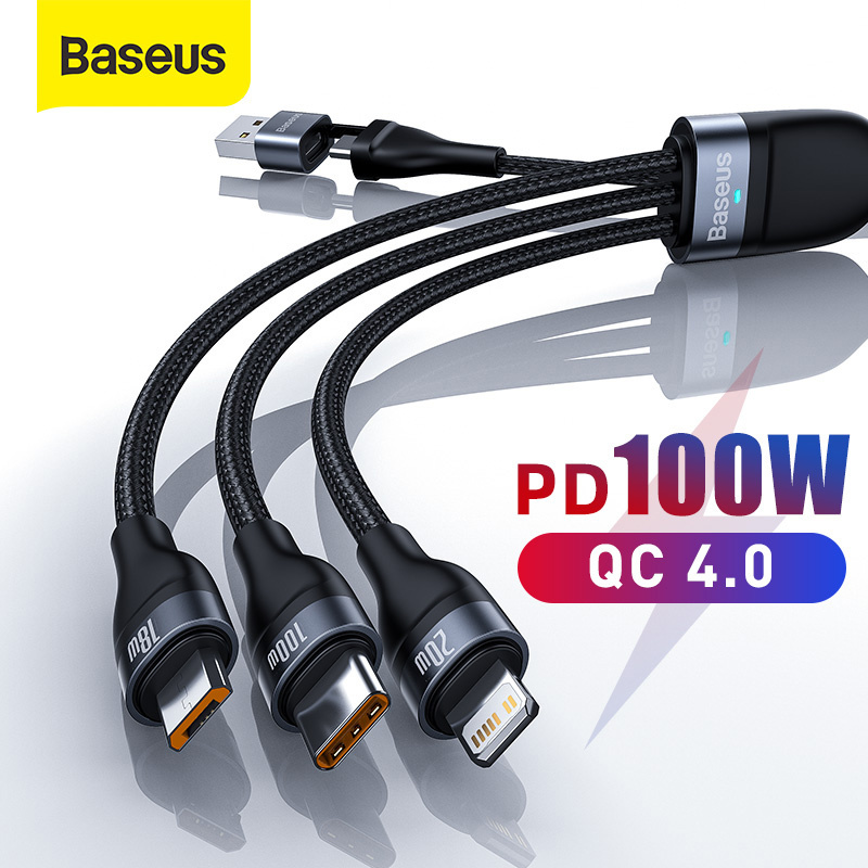 手機充電線Baseus 3 in 1 USB Cable For iPhone 13 12 Pro Max 100W Fast Charging Micro USB Type C Cable For Macbook Pro Samsung Xiaomi