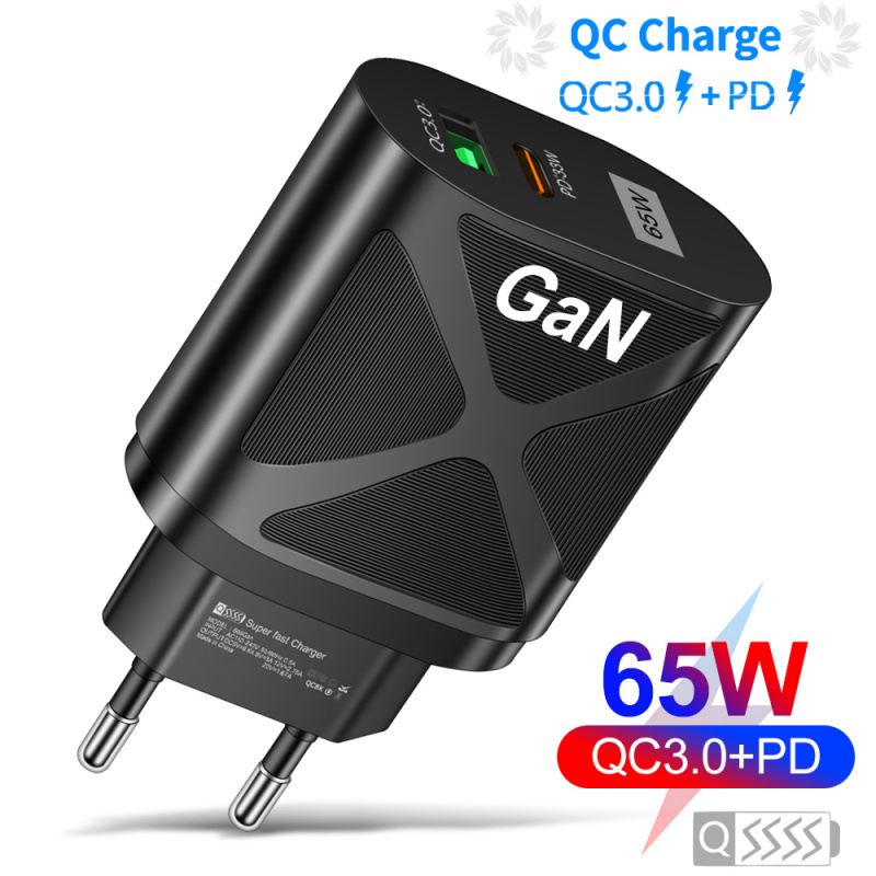 手機充電器65W GaN USB C 充電器雙端口快速充電 3.0 快速充電適用於 iphone 三星小米手機 USB C 型 PD 充電器