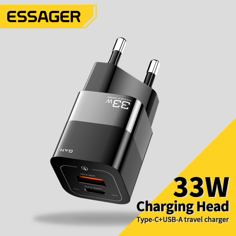 行動充電器Essager 33W GaN USB Charger Fast Charger PD QC 3.0 USB C Charger Quick Charger For iPhone 13 12 Laptop Portable Travel Charger